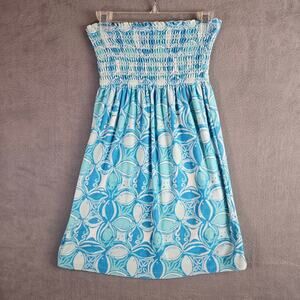 Lilly Pulitzer Blue Strapless Preppy Smocked Print Swimsuit Coverup Dress